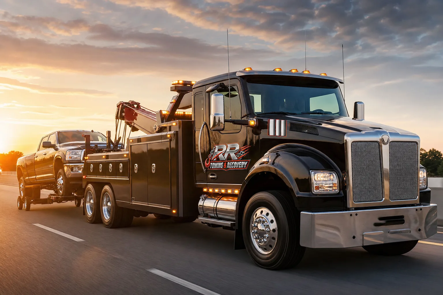 RR Towing & Recovery heavy-duty wrecker on the highway